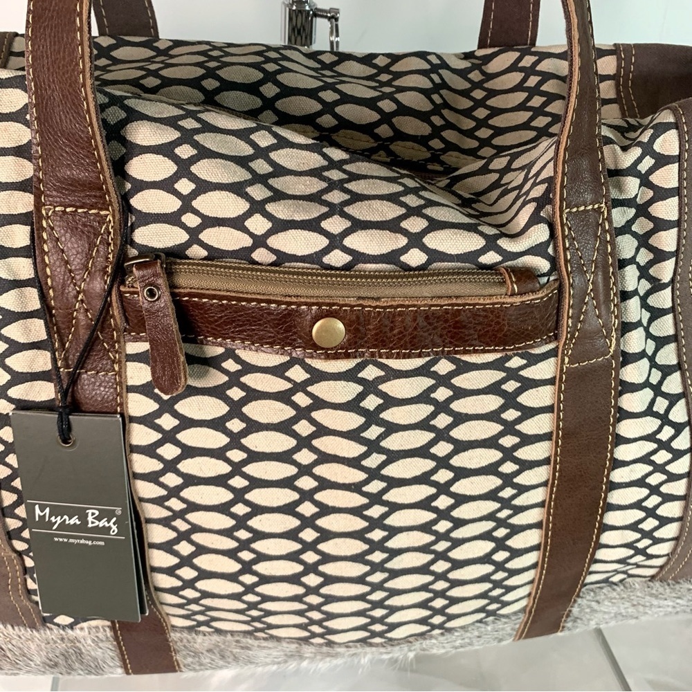 Myra Bag Honey Bee Cowhide & Upcycled Canvas Travel Bag S-1158 - Picture 3 of 5